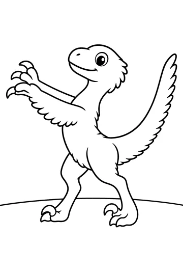 Velociraptor emplumado de pie con brazos estirados, larga cola levantada y garras curvas