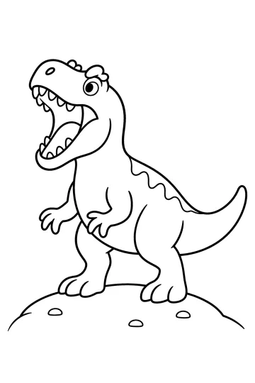 Disegno da colorare di un Allosauro che ruggisce su un cumulo roccioso, con bocca aperta e lunga coda.