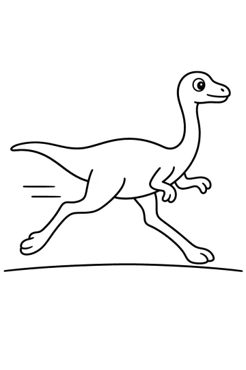 Gallimimus sorridente che corre verso destra con lunga coda, zampe distese e linee di movimento.