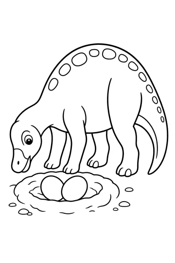 Dinosauro con schiena maculata accanto a un nido con due grandi uova