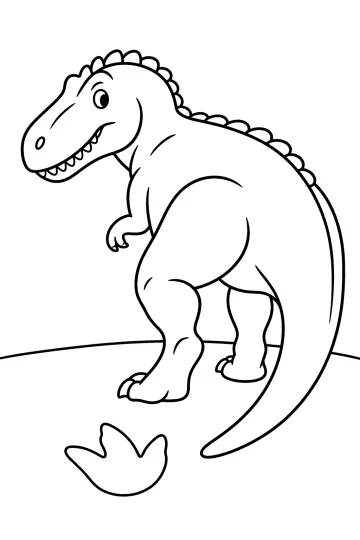 Coloring page of a stegosaurus in side view turning its head back, with plates along its back and a footprint on the ground