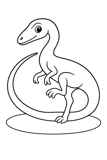 Vrolijke dinosaurus met lange gebogen staart en één opgetilde poot op een ovaal