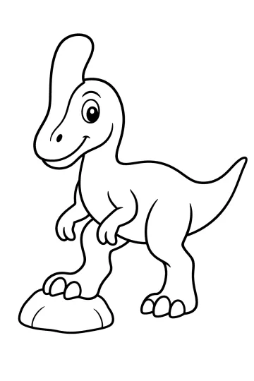 Dinosaurio sonriente con cresta larga y una pata sobre una roca