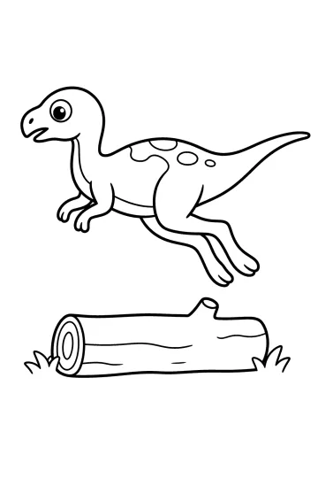 Dibujo para colorear de un dinosaurio saltando sobre un tronco con pequeños mechones de hierba.