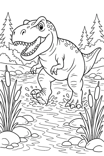 Tyrannosaure marchant dans une rivière parmi des roseaux, des pierres et des arbres