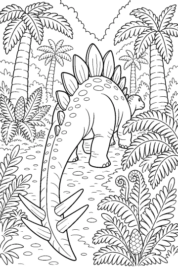 Estegosaurio visto desde atrás en un sendero entre helechos y palmeras