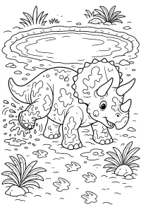 Triceratopo infangato accanto allo stagno disegno da colorare PDF gratis