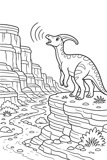 Parasaurolophus sur une corniche rocheuse qui appelle dans un canyon aux falaises en couches et au lit de rivière sec