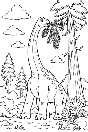 Brachiosauro dal lungo collo che mangia un ramo accanto a un grande albero con nuvole e conifere