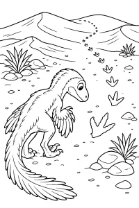 Velociraptor piumato sulle dune con impronte disegno da colorare PDF gratis