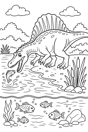 Disegno da colorare di uno Spinosauro che cerca di prendere un pesce saltante in un fiume con canne, rocce e pesci sott'acqua.