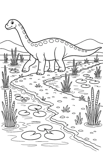 Gevlekte diplodocus op een strook land in een moeras met leliebladeren, water, hoge planten en heuvels.