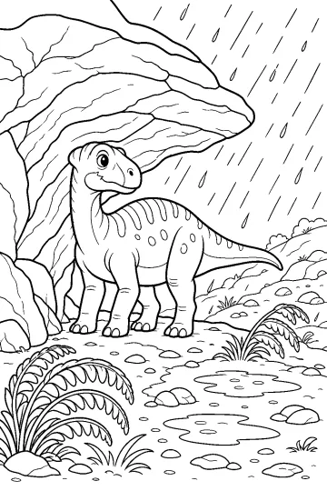Iguanodon beneath a rocky overhang in the rain, with ferns and puddles