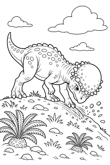 Pachycephalosaurus met ronde kop naast een Stegosaurus op een heuvel met planten, stenen en wolken