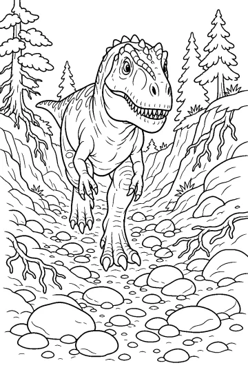 Coloriage d'un allosaure marchant dans un ruisseau asséché rempli de pierres, entre des berges rocheuses et des sapins.