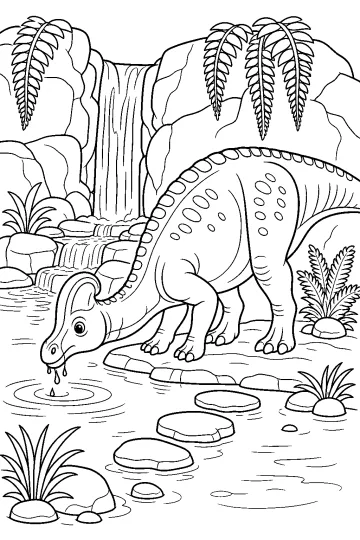 Corythosaurus che beve in un ruscello davanti a una cascata con rocce, felci e pietre