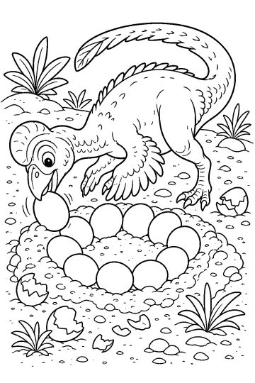 Gevederde Oviraptor boven een groot nest vol eieren, met planten, stenen en gebroken eierschalen.