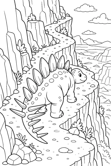 Kentrosaurus avec plaques dorsales et pointes sur la queue sur un sentier sinueux entre les rochers