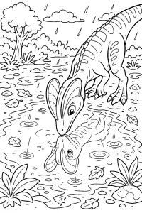 Parasaurolofo che guarda il riflesso nella pozzanghera disegno da colorare PDF gratis