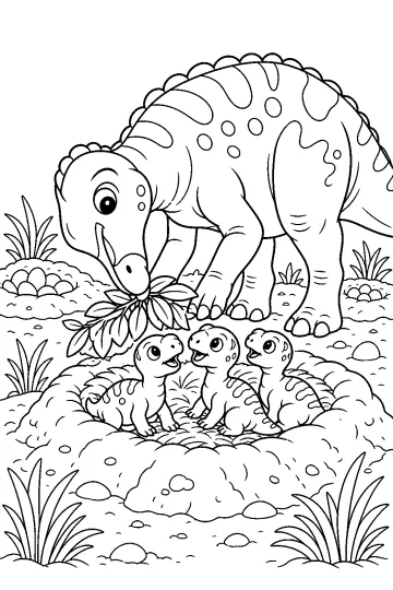 Coloriage d'une Maiasaura apportant des feuilles à trois bébés dinosaures près du nid