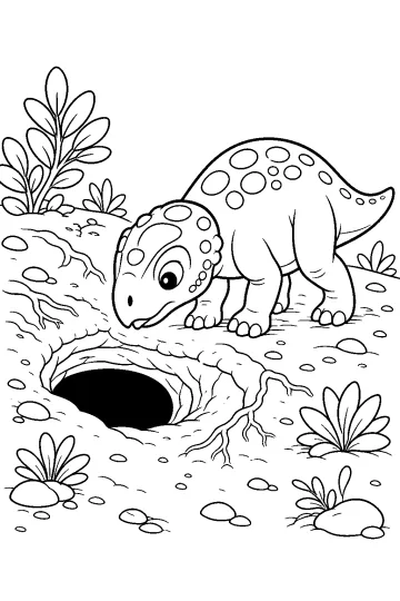 Psitacosaurio con manchas junto a una madriguera con raíces, plantas y piedras