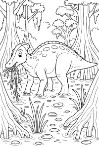 Edmontosauro nella palude tra gli alberi disegno da colorare PDF gratis