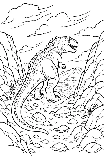 Giganotosaurus walking on a rocky path between tall mountain cliffs with clouds and distant mountains