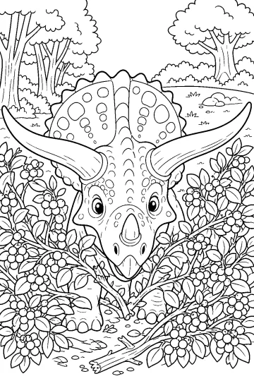 Triceratops con grandes cuernos entre arbustos de bayas y ramas en el bosque