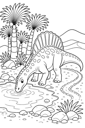 Coloriage d'un ouranosaure qui boit dans une petite oasis avec des palmiers, des rochers et des dunes.