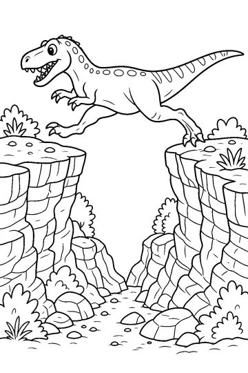 Dinosauro che salta sopra un burrone roccioso con cespugli e pietre
