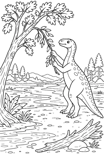 Plateosaurus beside a river pulling a branch from a large tree
