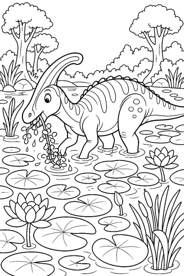 Saurolophus tenant des plantes aquatiques dans sa bouche dans un étang avec nénuphars, fleurs de lotus, roseaux et arbres.