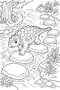 Dinossauro blindado nas pedras do riacho desenho para colorir PDF grátis