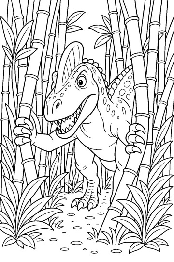 Monolophosaurus con cresta caminando entre tallos altos y hojas grandes