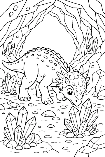 Dracorex con la cabeza baja en una cueva rodeado de grandes cristales y rocas