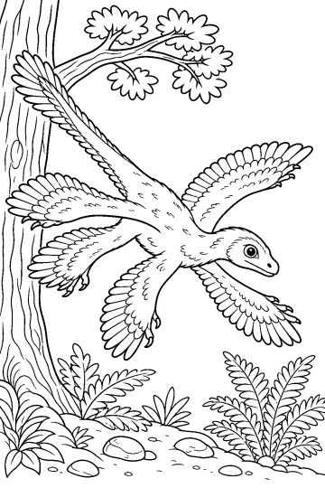 Microraptor emplumado planeando junto a un tronco con ramas y helechos