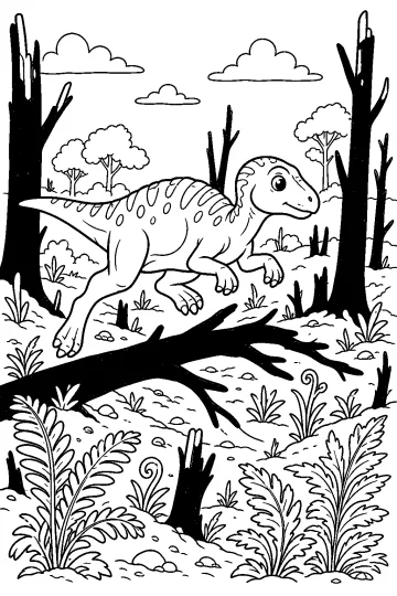 Dryosaurus bondissant au-dessus d'un tronc noirci dans une forêt de fougères