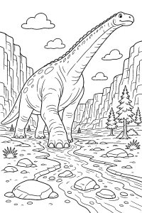 Dinosauro gigante nel canyon con ruscello disegno da colorare PDF gratis