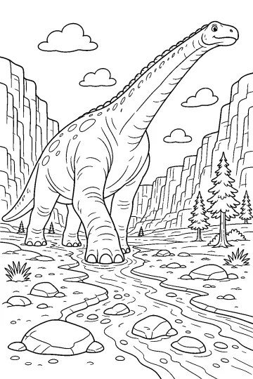 Dinosaure géant au long cou marchant dans un ruisseau entre rochers, pins et falaises