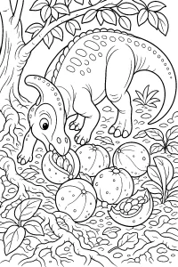 Dinosaurus met gevallen fruit in het bos kleurplaat gratis PDF