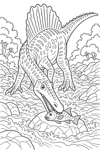 Suchomimus che pesca nelle rapide disegno da colorare PDF gratis