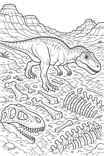 Disegno da colorare di un Carcharodontosaurus tra ossa, costole e un grande teschio in un paesaggio roccioso.