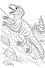 Utahraptor com penas na montanha nevada desenho para colorir PDF grátis