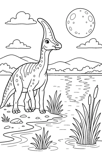 Dinosaurio crestado junto a un lago con luna, colinas, juncos y ondas en el agua
