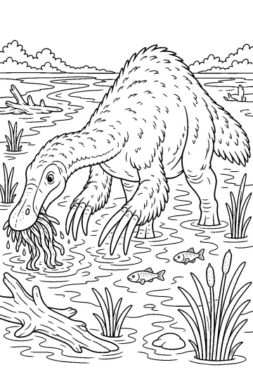Deinocheirus com penas e garras compridas na água de um delta, cercado por juncos, peixes e madeira.
