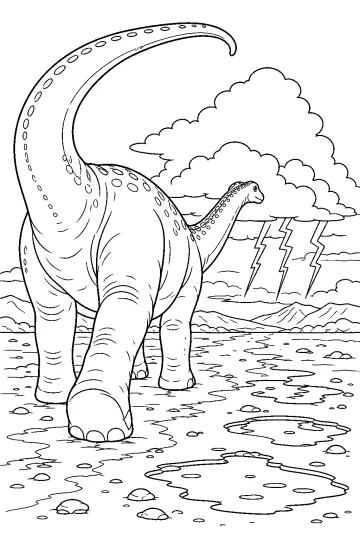 Dreadnoughtus gigante caminando por una llanura con charcos, nubes y rayos