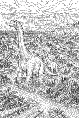 Troupeau de sauropodes dans un delta pluvieux dessin à colorier PDF gratuit