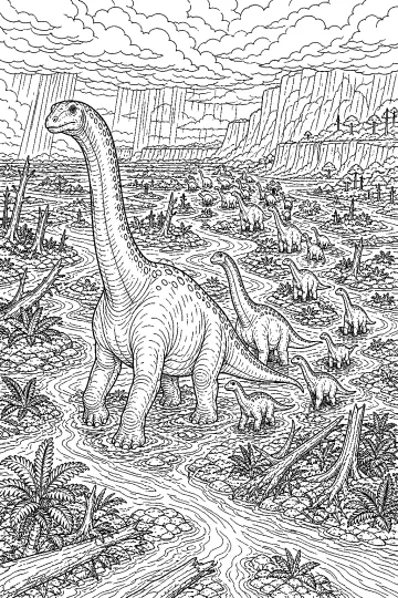 Gran saurópodo en primer plano con una manada de dinosaurios cruzando un delta lleno de agua bajo nubes de tormenta.