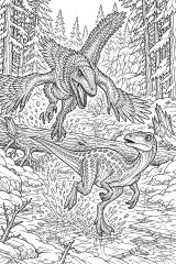 Raptor emplumado persigue a dinosaurio en bosque nevado dibujo para colorear PDF gratis