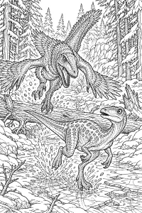 Raptor piumato inseguie un dinosauro nel bosco innevato disegno da colorare PDF gratis